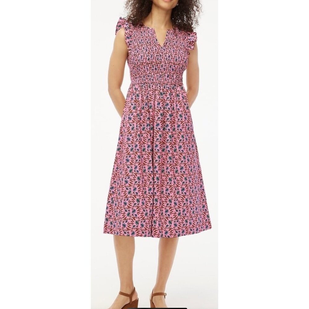 J.Crew  Flutter Sleeve Floral Smoked Midi Sun Dress Size Small - Picture 8 of 13